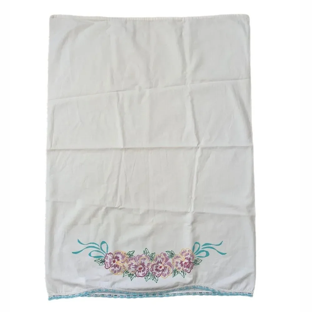 Hand Paint Liquid Embroider Pillowcase Pansy Crochet Lace Shabby Décor Cottage